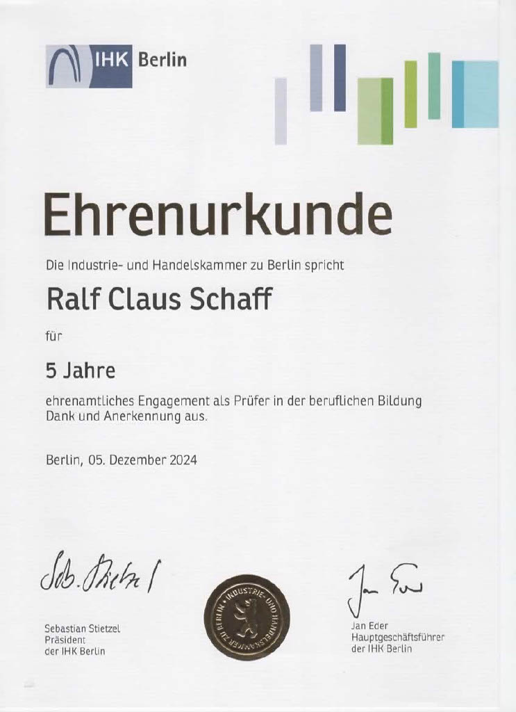 Ehrenurkunde der IHK für Ausbildung und Sicherheit.